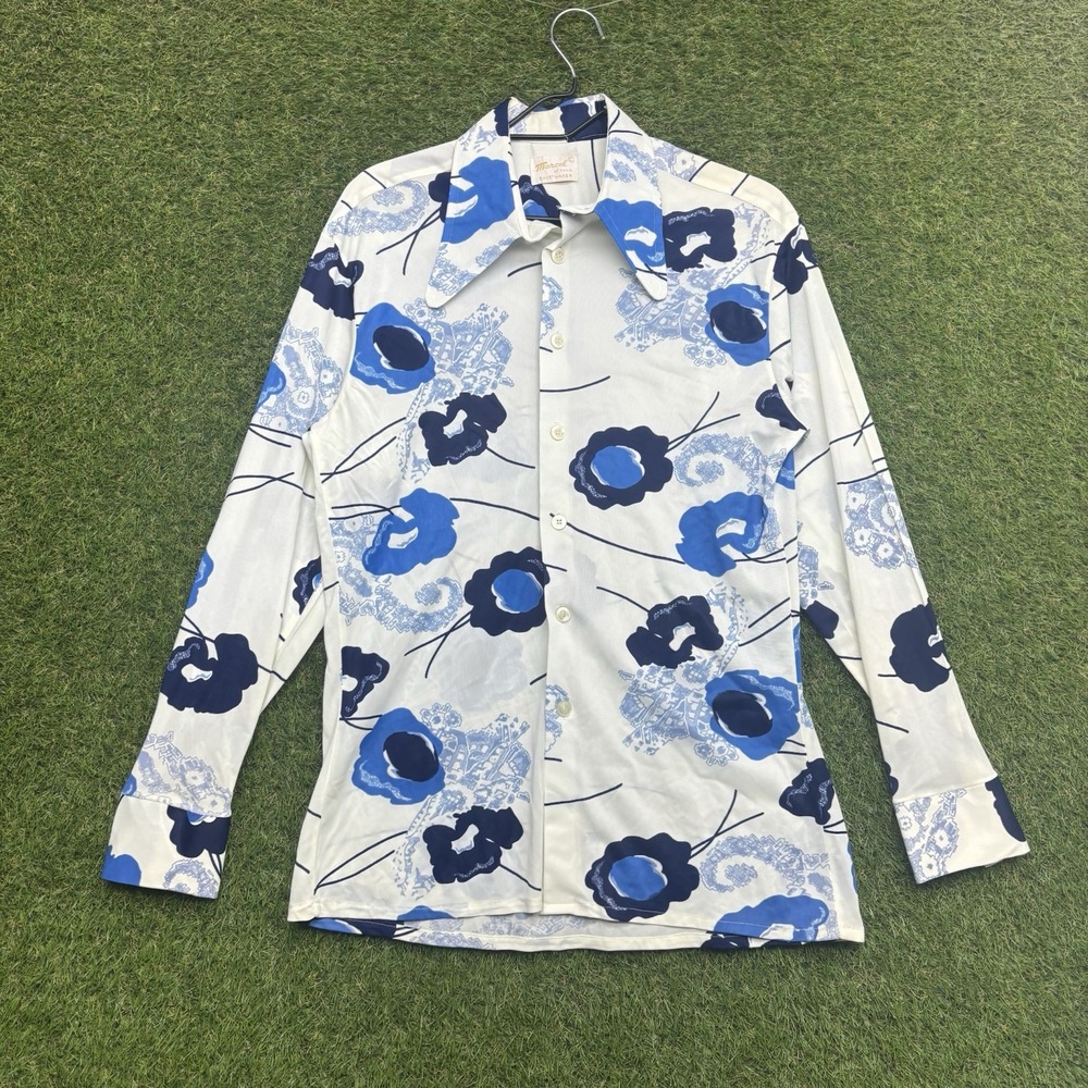 True Vintage 70s Marcell Shirt Mens Large Abstract Mod Disco Dagger Floral